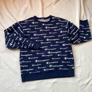 Navy Champion All Over Logo Sweatshirt